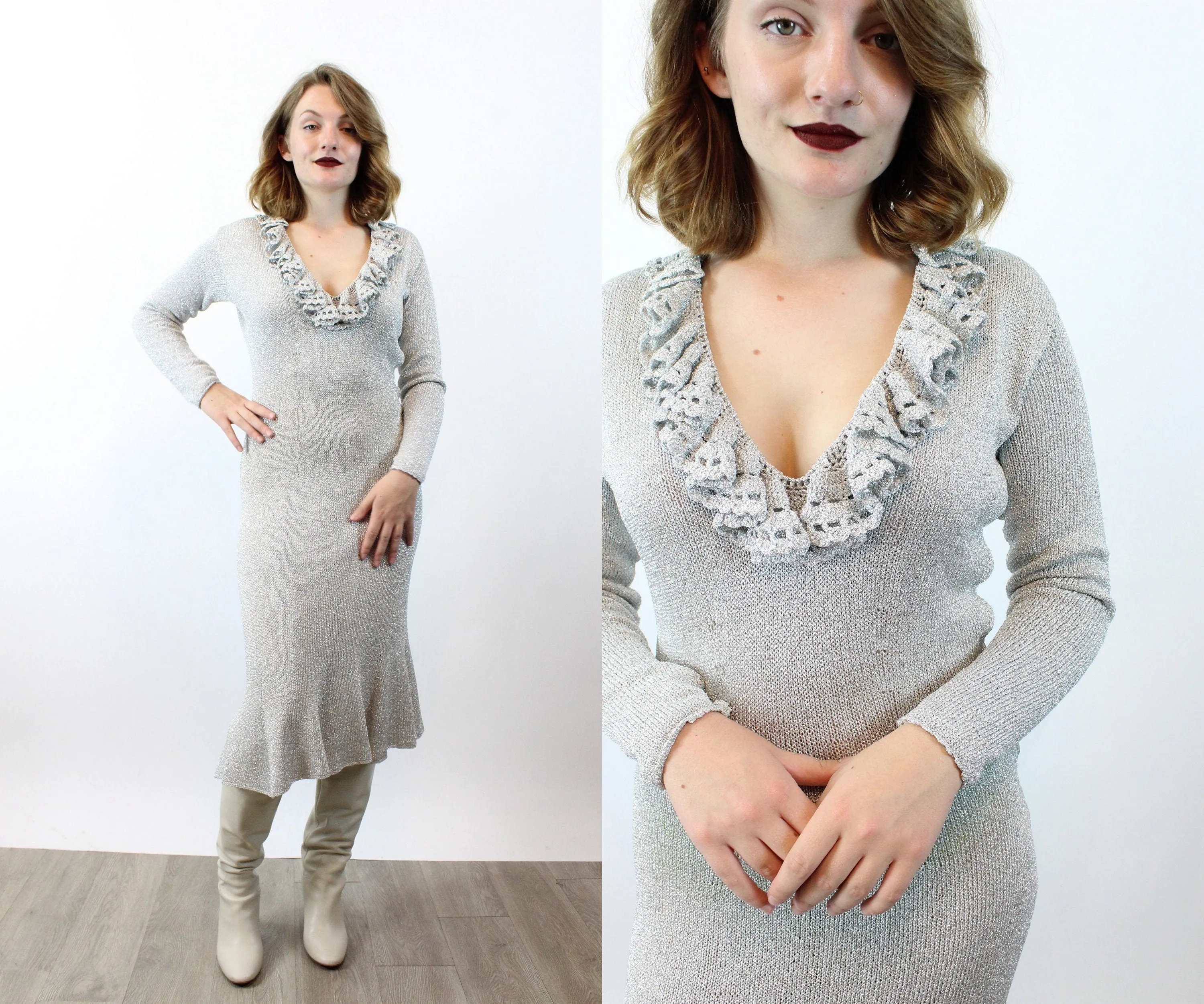 1940s SILVER LUREX knit dress small | new winter