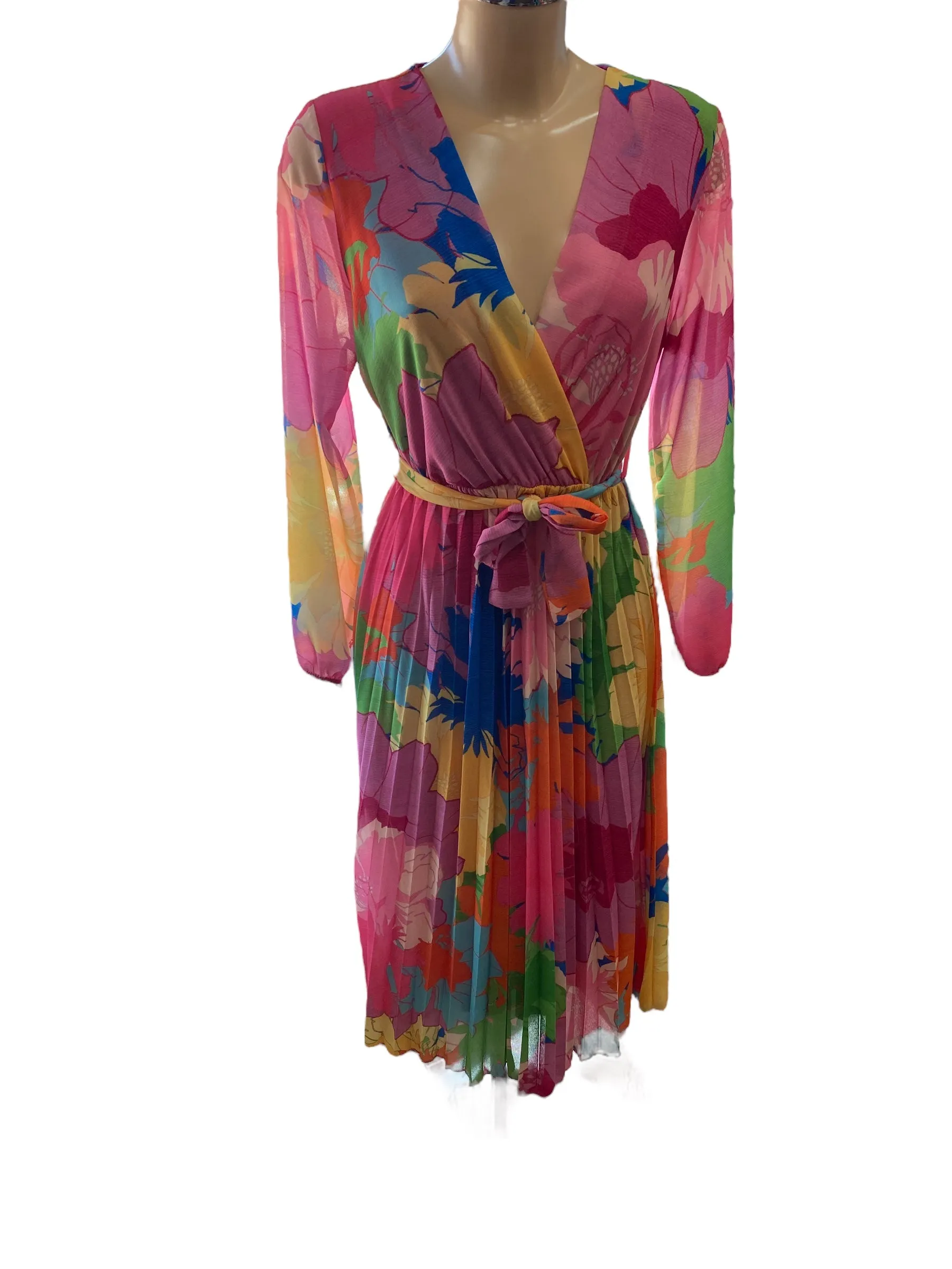 Abstract Pink Multicoloured Midi Pleated Dress