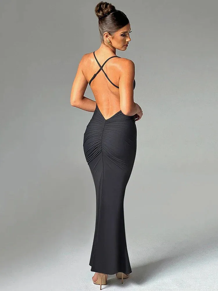 Amozae-A Spaghetti Strap Backless Sexy Maxi Dress For Women Fashion Summer New Sleeveless Bodycon Club Party Long Dress Elegant