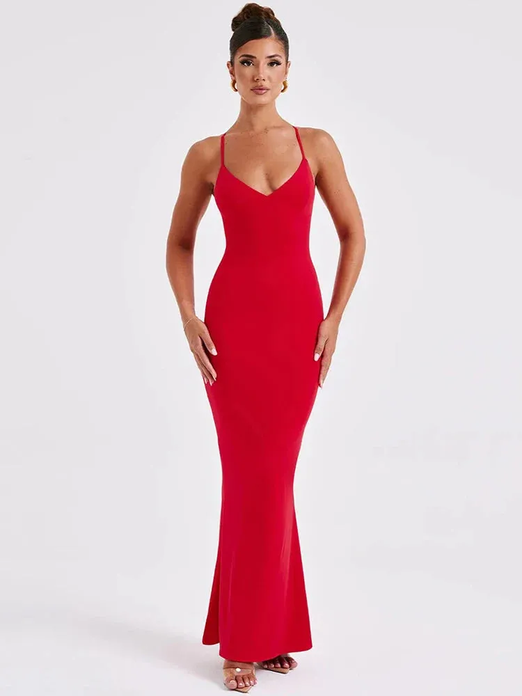 Amozae-A Spaghetti Strap Backless Sexy Maxi Dress For Women Fashion Summer New Sleeveless Bodycon Club Party Long Dress Elegant