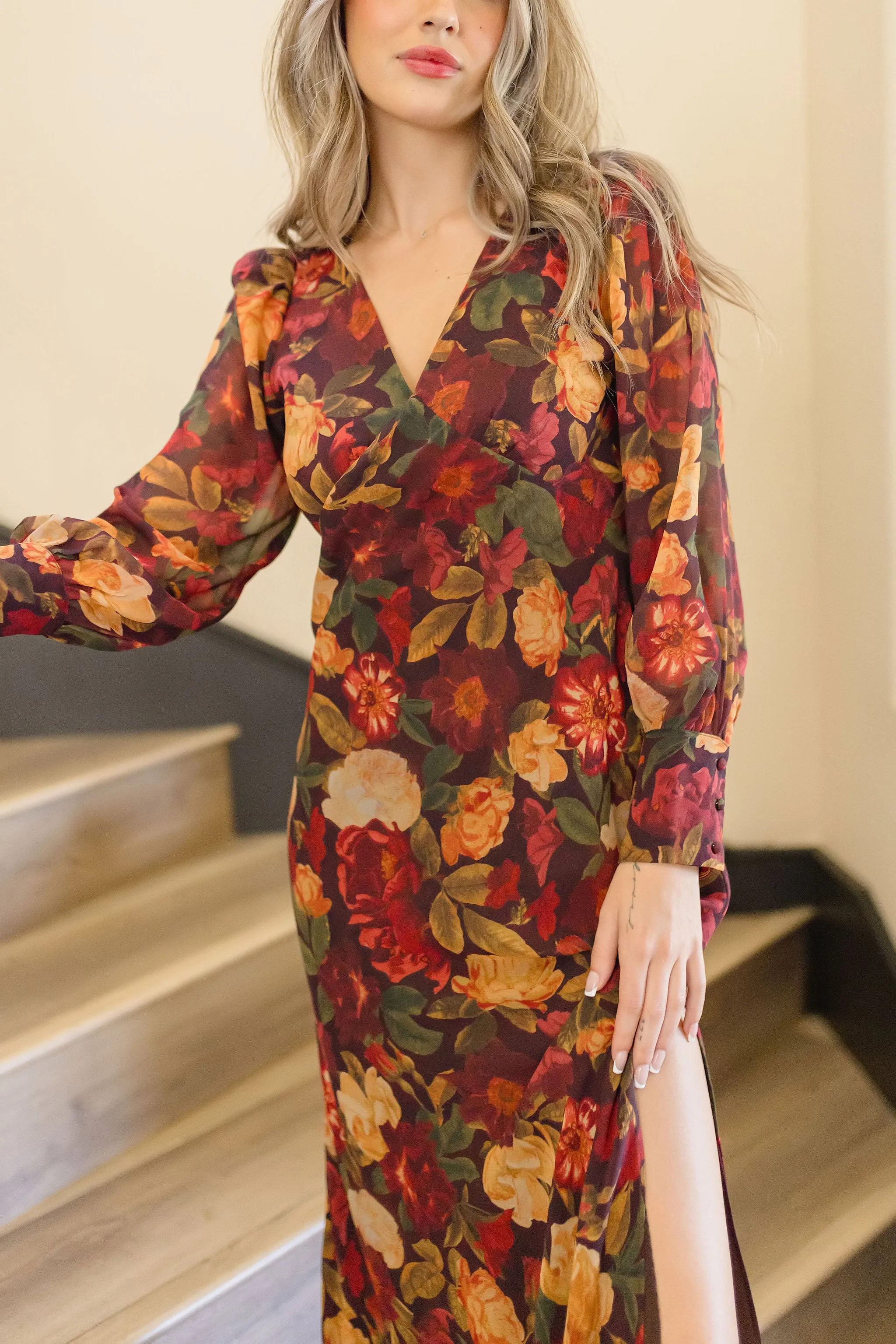 Angela Long Sleeve Floral Print Maxi Dress Rust