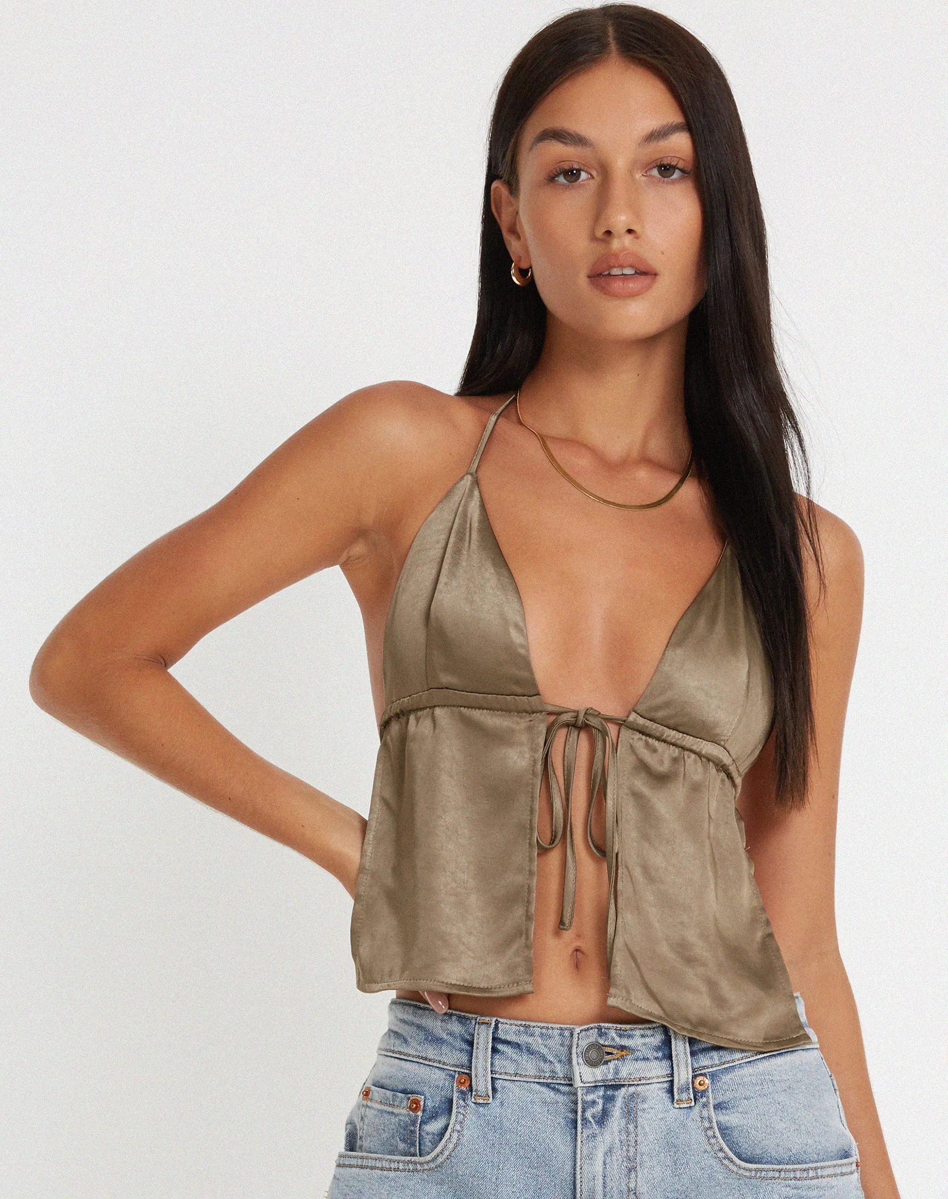 Arula Cami Top in Satin Dark Olive