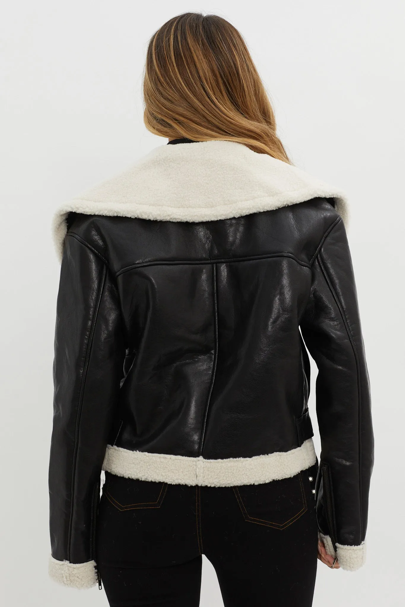 Aviatrix Faux Leather Sherpa Jacket Black