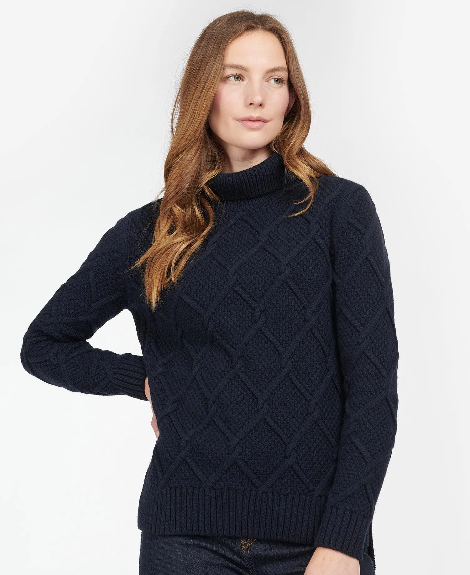 Barbour Burne Roll Neck Cable Knit in Navy LKN1170