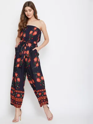 Berrylush Women Navy Blue Floral Off-Shoulder Waist Tie-Up Jumpsuit