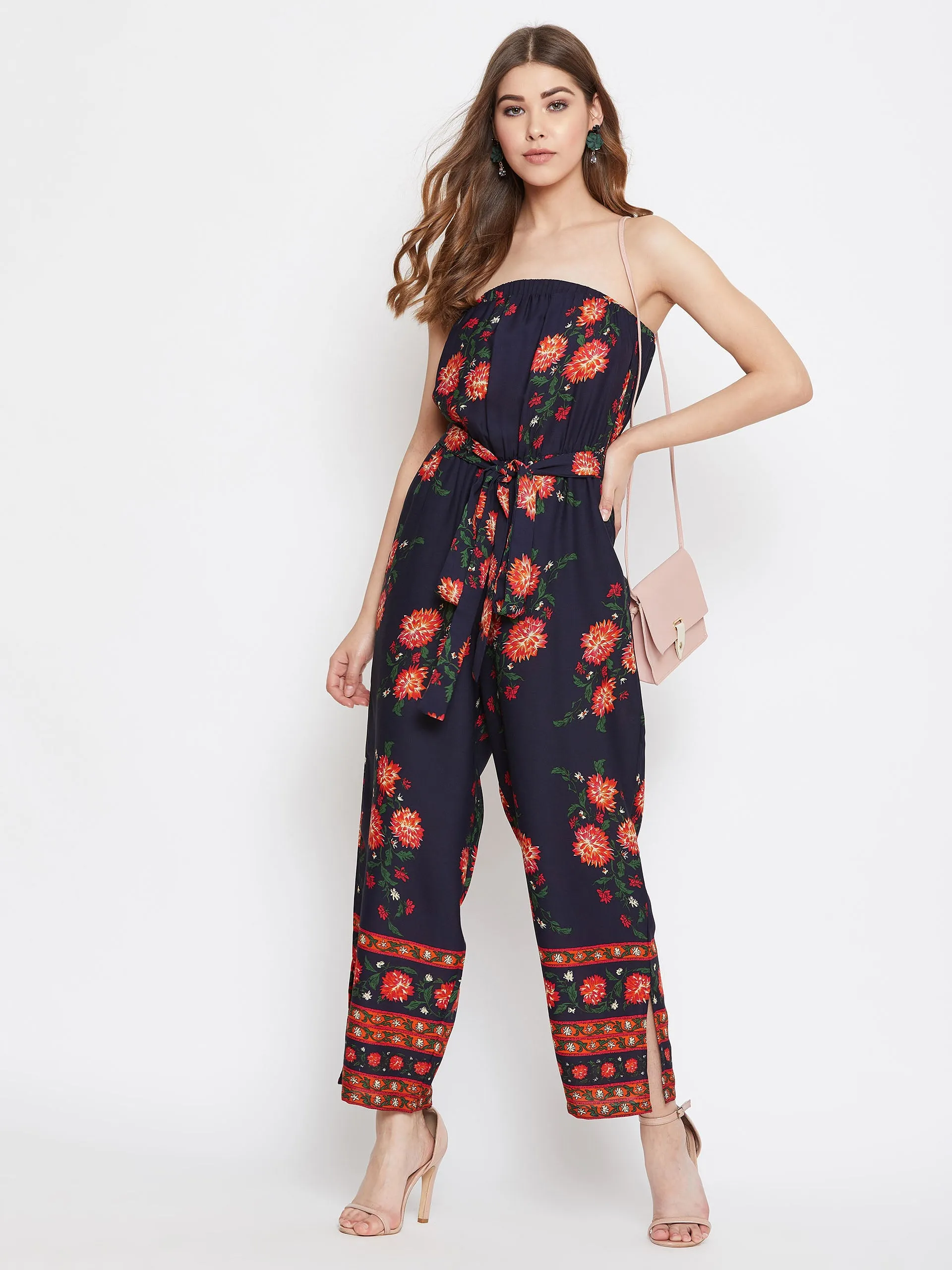 Berrylush Women Navy Blue Floral Off-Shoulder Waist Tie-Up Jumpsuit