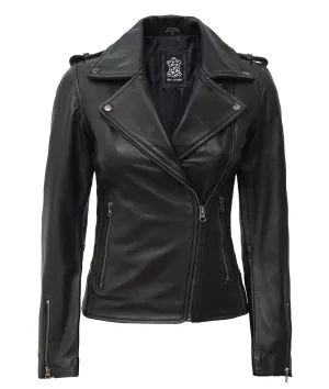 Black Asymmetrical Leather Motorcycle Jacket For Women