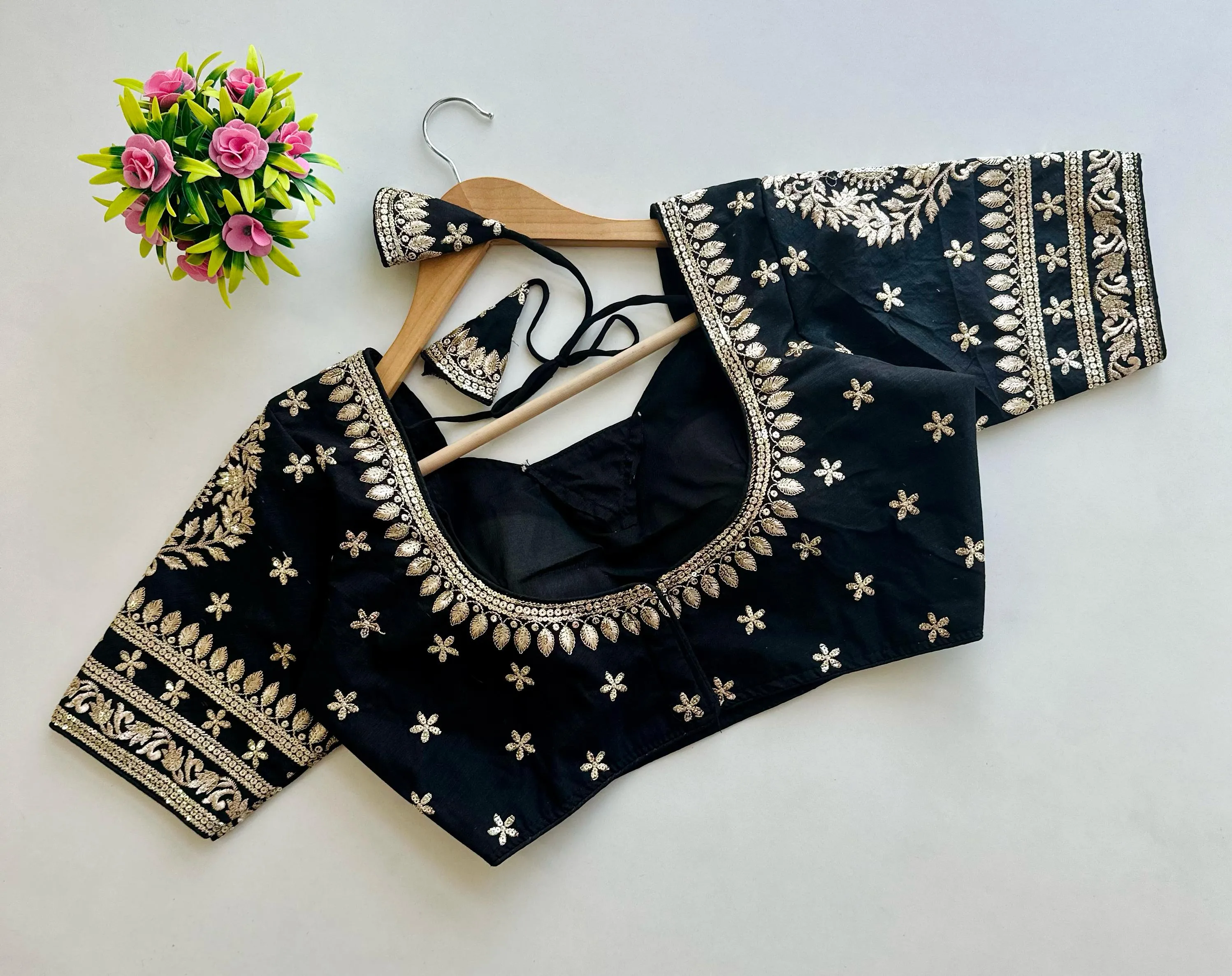 Black Golden Embroidered Blubbery Silk Blouse with Sequins