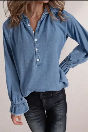 Blouse - Frill Long Sleeve Half Buttoned Denim Top, Blue