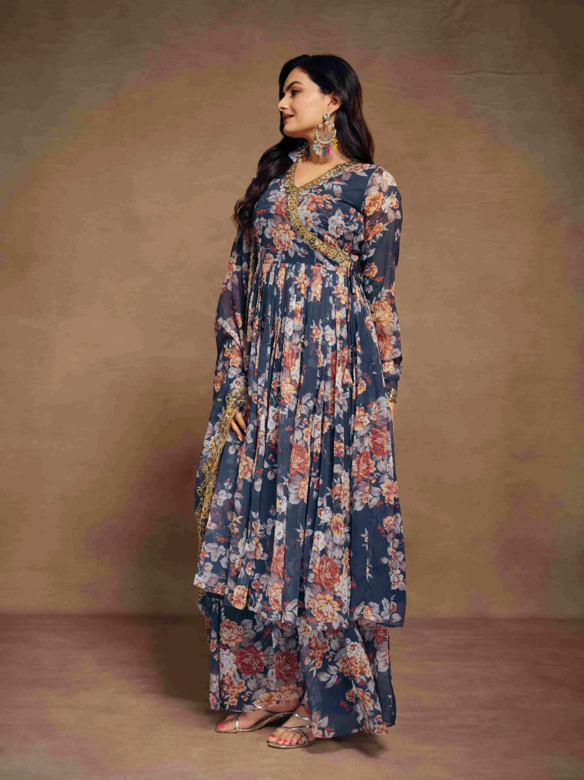 Blue Chiffon Printed Zari Work Sequence Suit with Palazzo and Dupatta