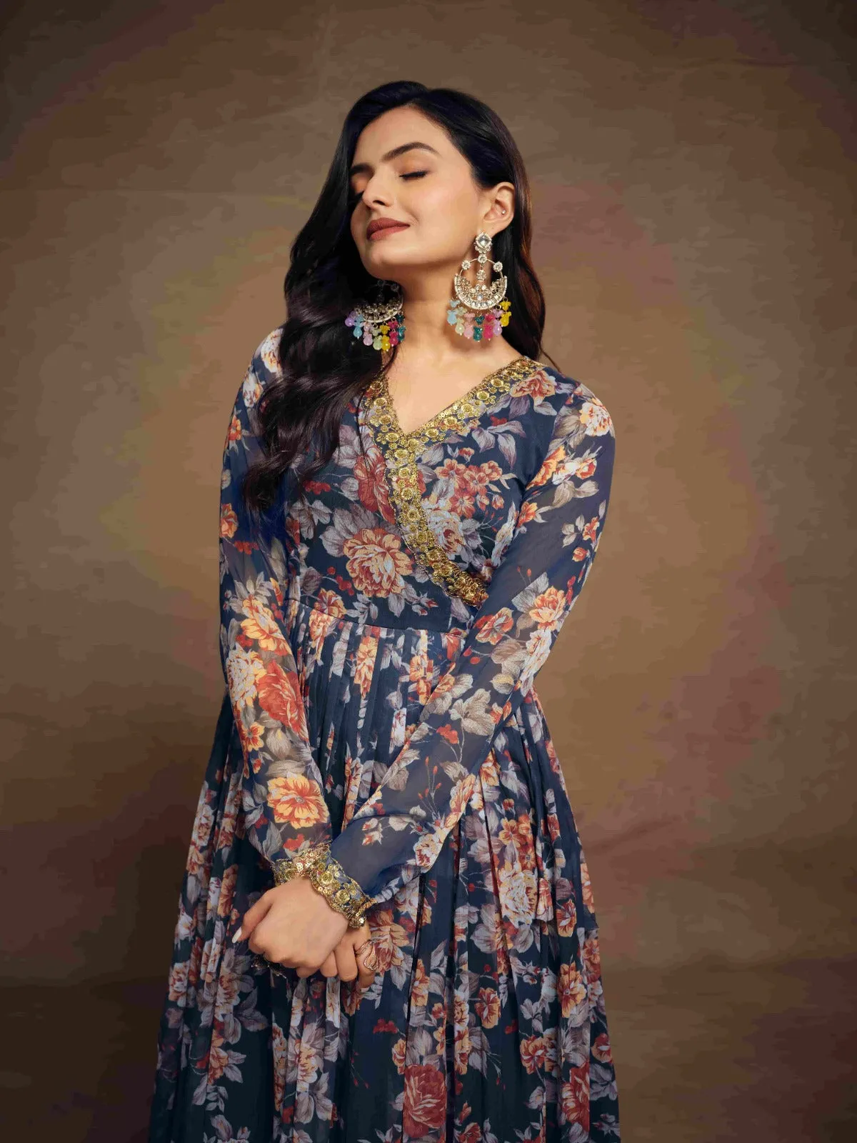 Blue Chiffon Printed Zari Work Sequence Suit with Palazzo and Dupatta