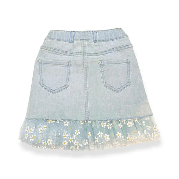 Blue Daisy Mesh Trim Denim Skirt