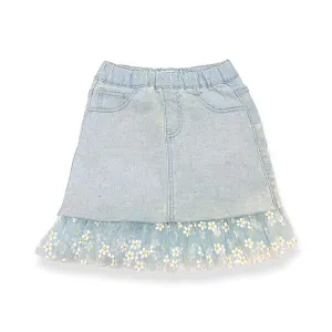 Blue Daisy Mesh Trim Denim Skirt