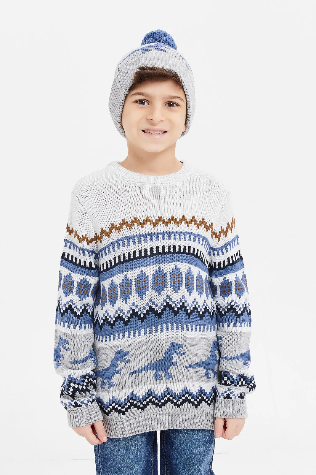 Boys Grey Fair Isle Jumper With Hat Set (2 Piece)