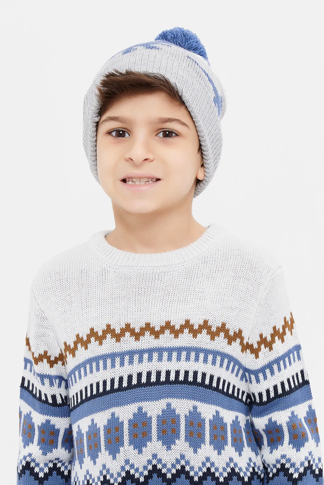 Boys Grey Fair Isle Jumper With Hat Set (2 Piece)