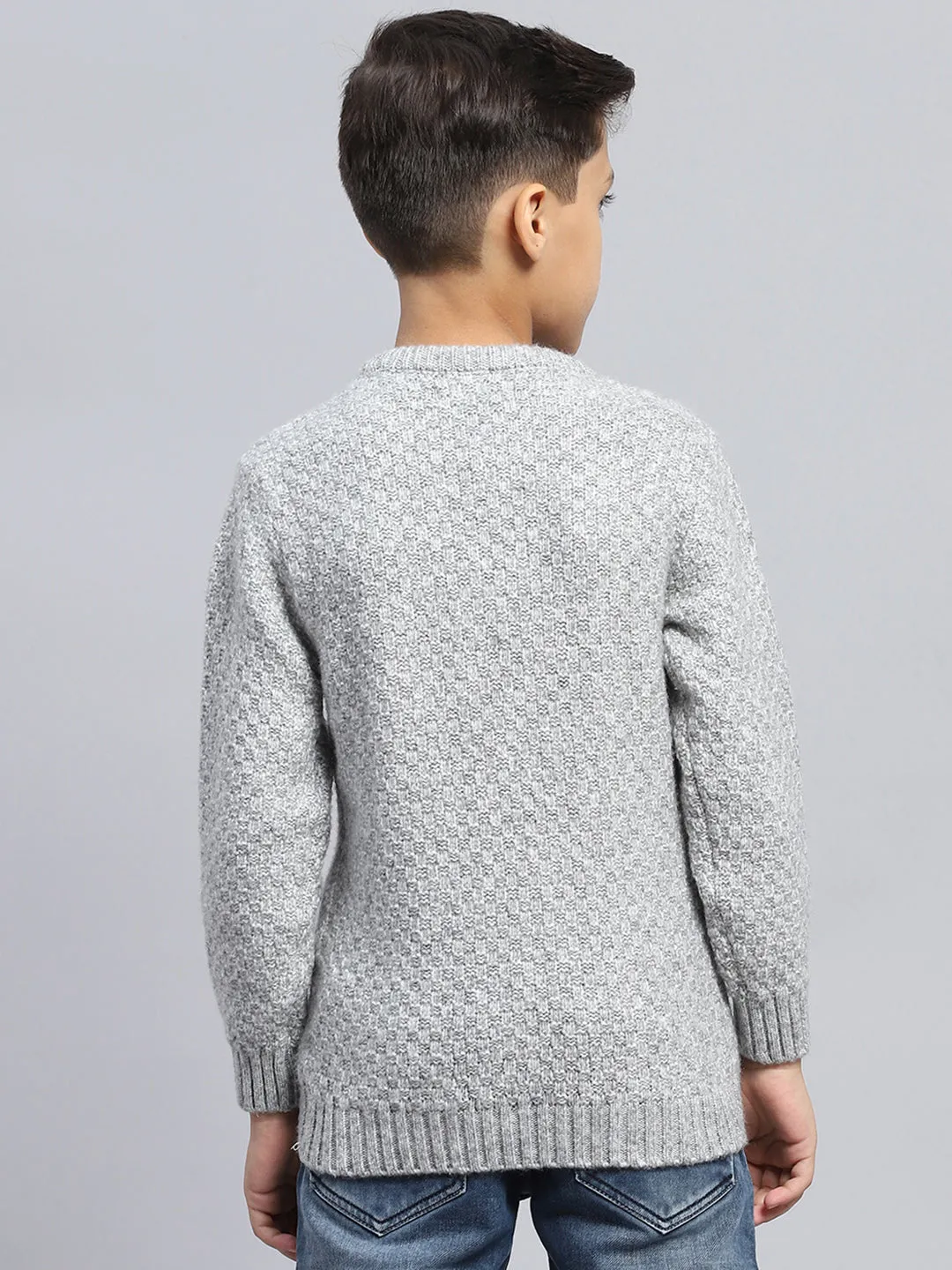 Boys Grey Self Design Round Neck Full Sleeve Pullover