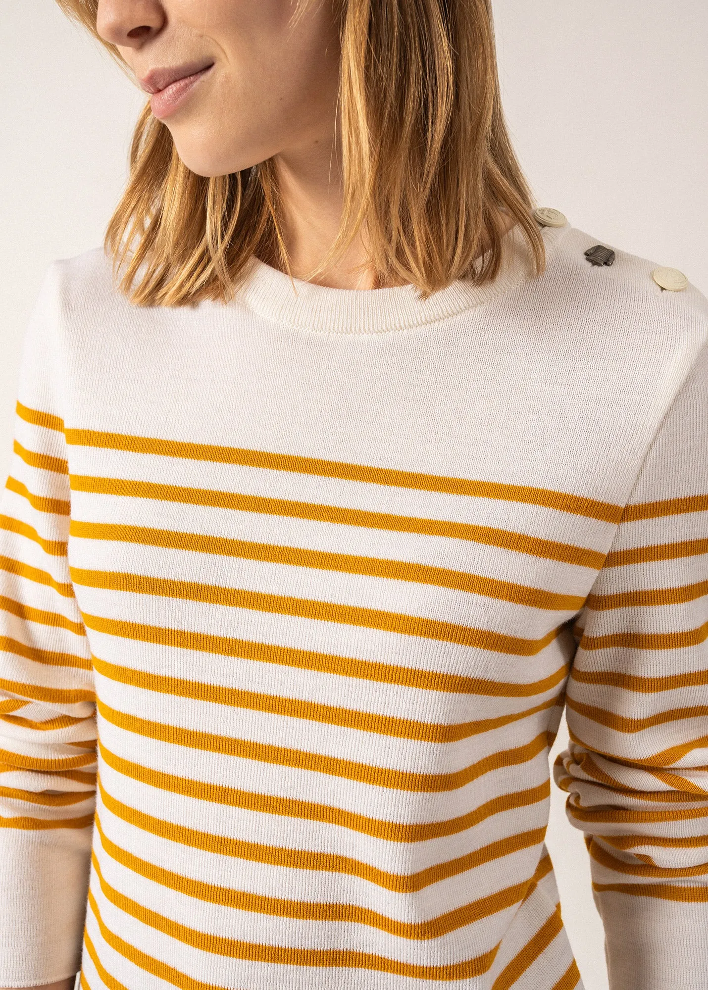 Brégançon striped sailor jumper - with contrasting elbow patches (BLANC/AMBRE/JEAN)