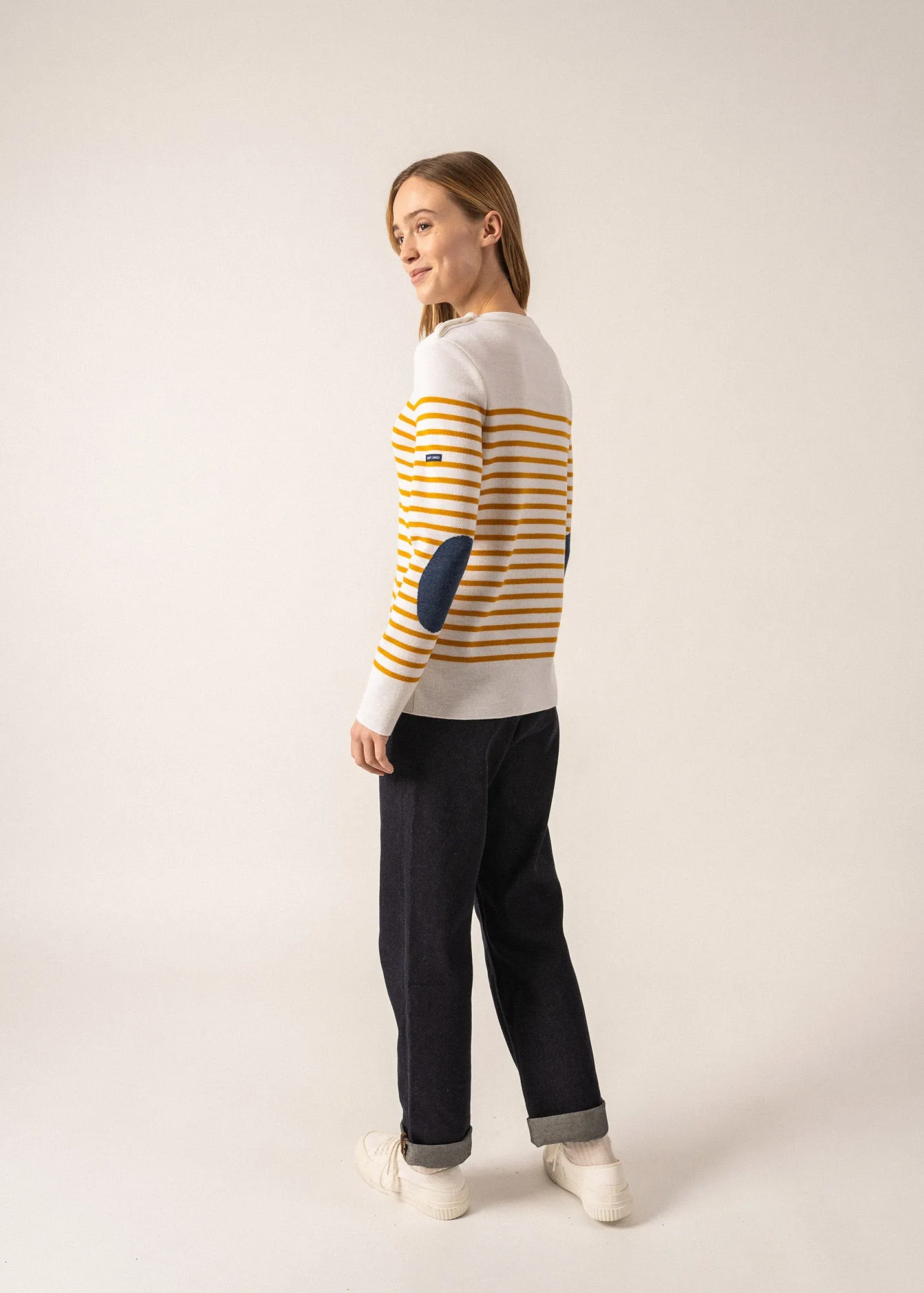 Brégançon striped sailor jumper - with contrasting elbow patches (BLANC/AMBRE/JEAN)