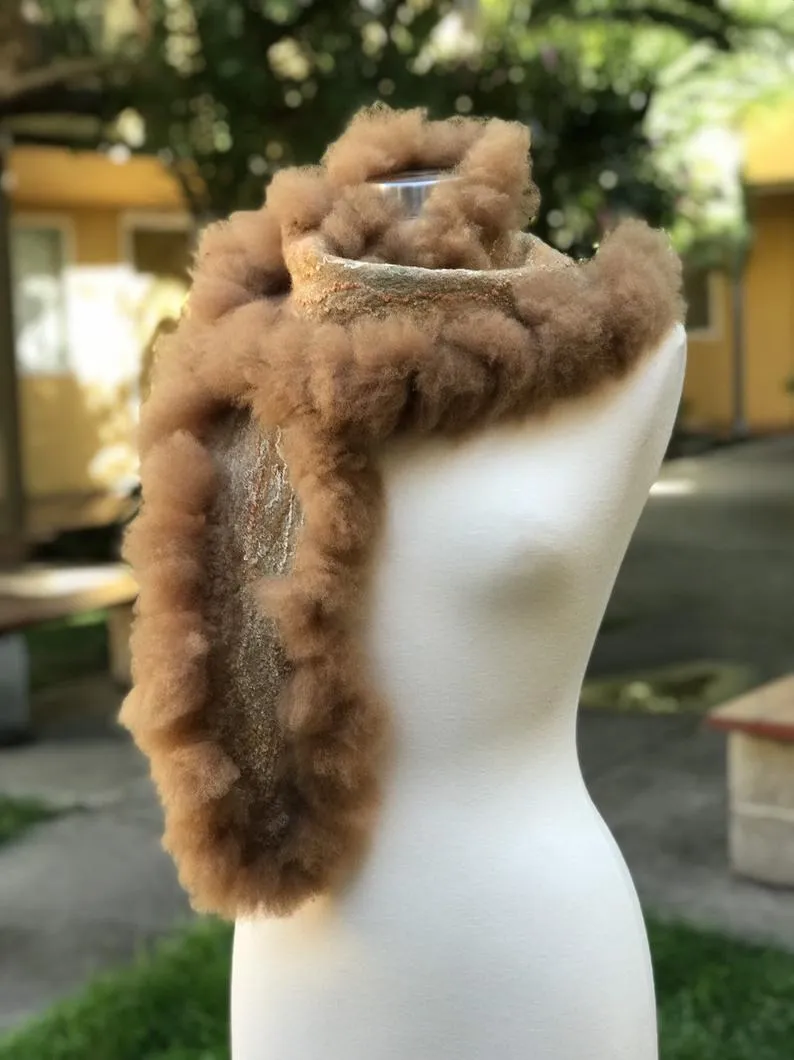 Brown Felted Scarf with Alpaca Curls, Women Merino Wool Stove, Felted Neck Warmer, Fall Bohemian Scarf, Chic Scarf, Stylish Scarf