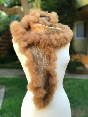 Brown Felted Scarf with Alpaca Curls, Women Merino Wool Stove, Felted Neck Warmer, Fall Bohemian Scarf, Chic Scarf, Stylish Scarf