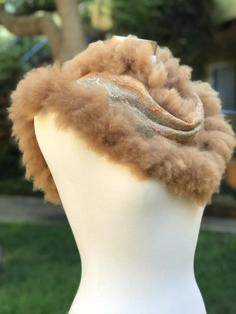 Brown Felted Scarf with Alpaca Curls, Women Merino Wool Stove, Felted Neck Warmer, Fall Bohemian Scarf, Chic Scarf, Stylish Scarf