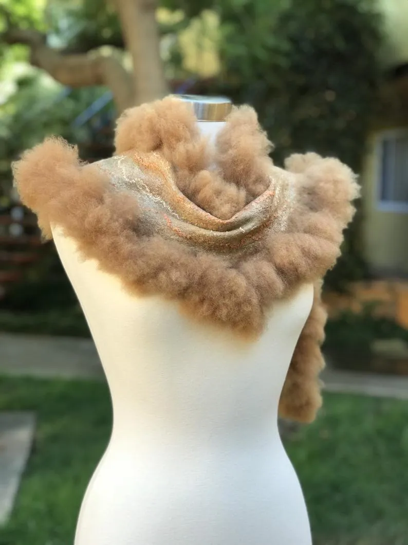 Brown Felted Scarf with Alpaca Curls, Women Merino Wool Stove, Felted Neck Warmer, Fall Bohemian Scarf, Chic Scarf, Stylish Scarf