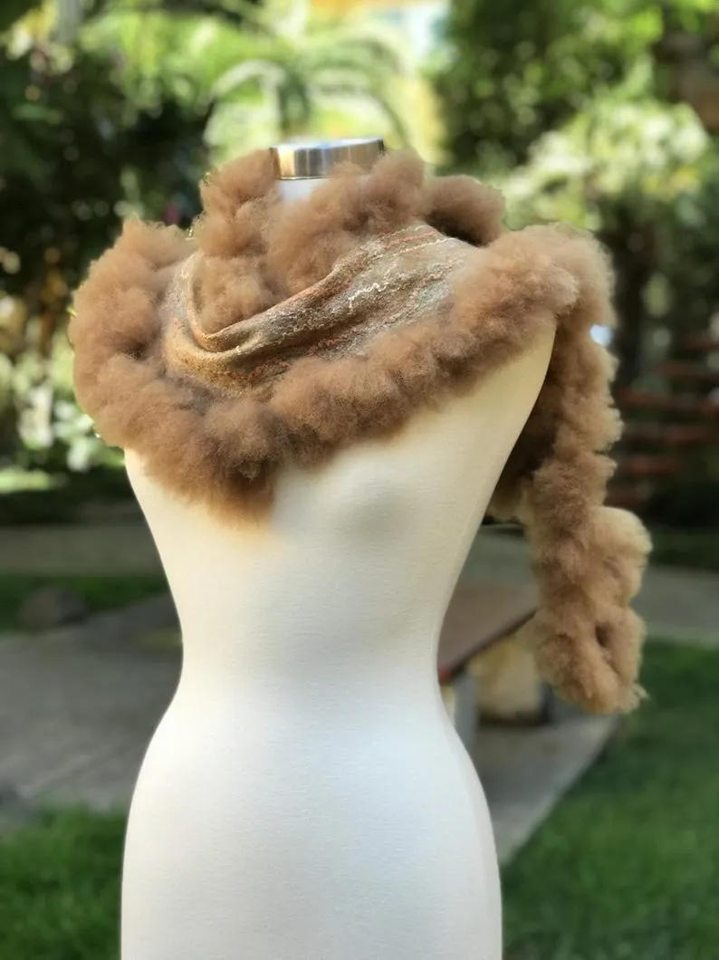 Brown Felted Scarf with Alpaca Curls, Women Merino Wool Stove, Felted Neck Warmer, Fall Bohemian Scarf, Chic Scarf, Stylish Scarf