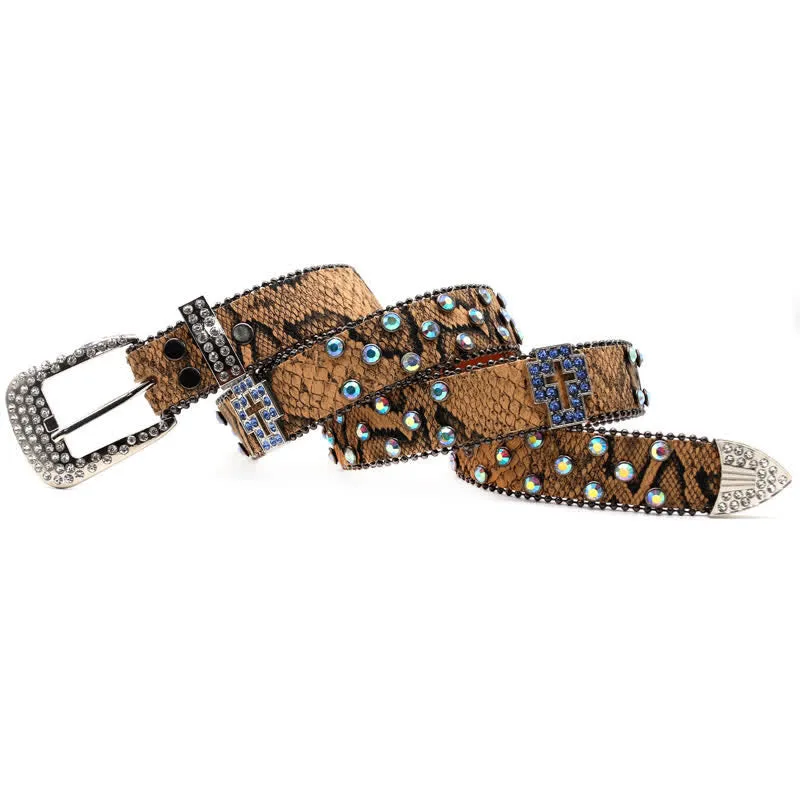 Brown Snake Pattern Sparkling Cross Rivets Leather Belt