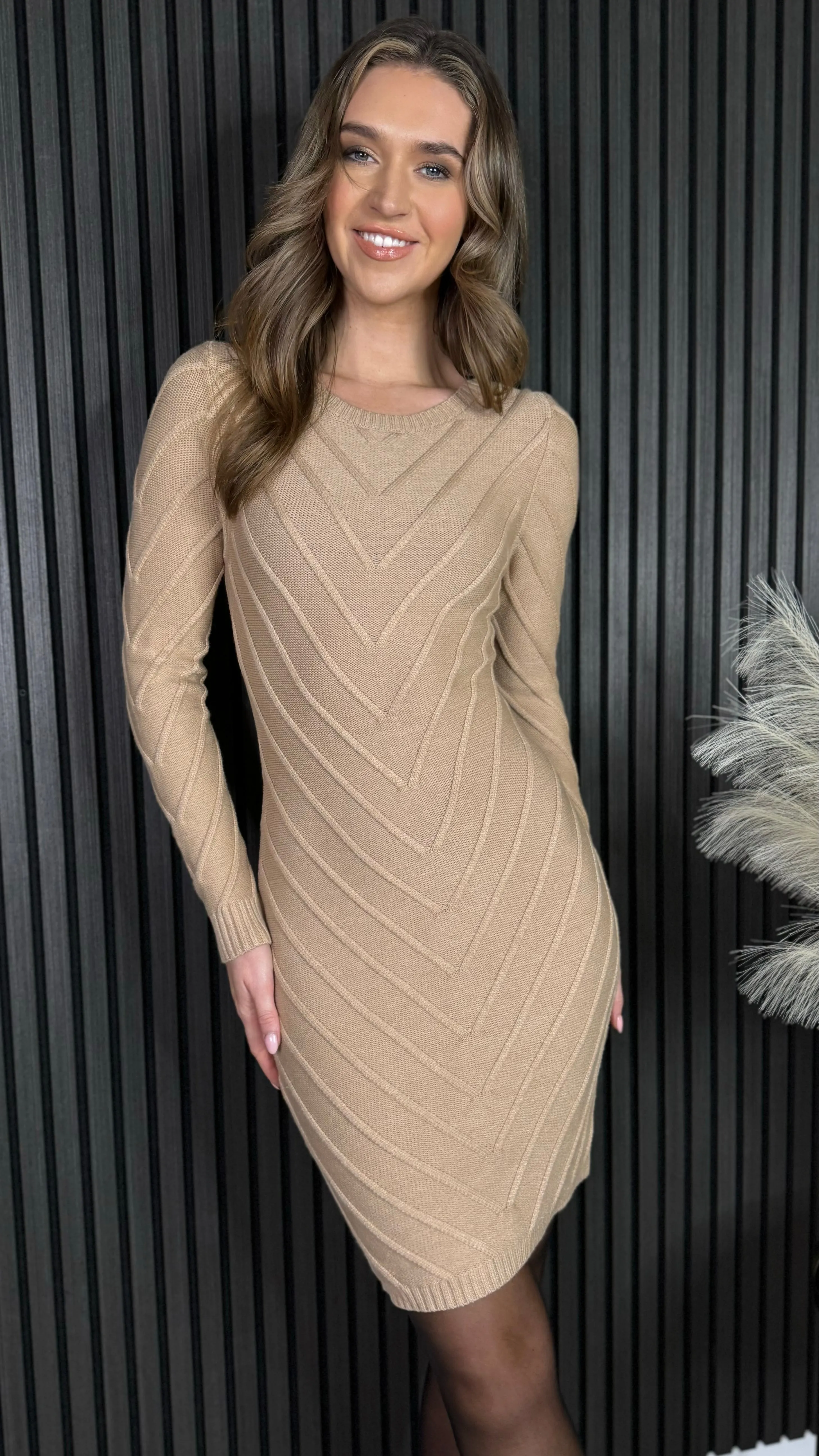 Byrne Camel Ribbed Detail Jumper Dress