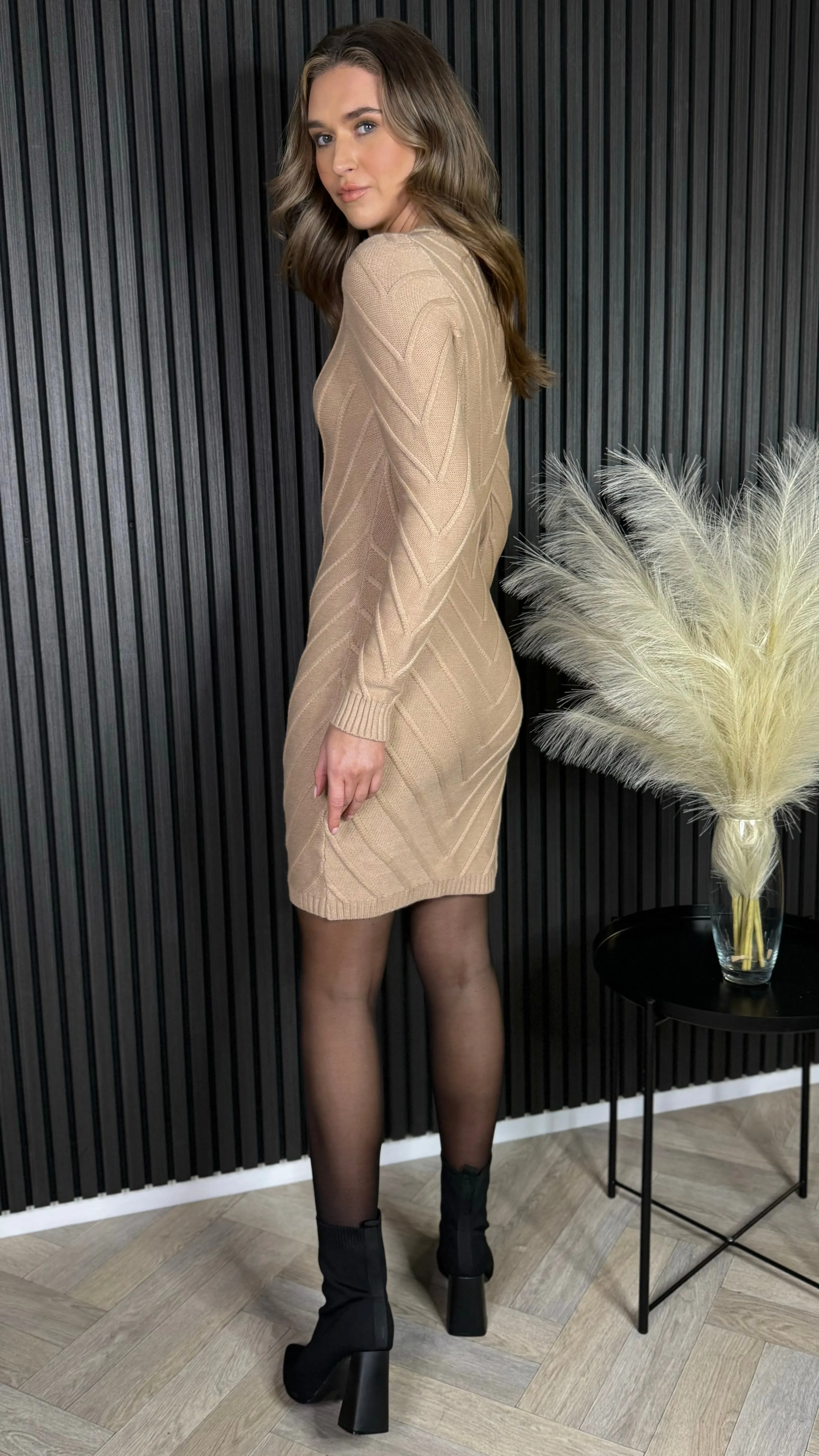 Byrne Camel Ribbed Detail Jumper Dress