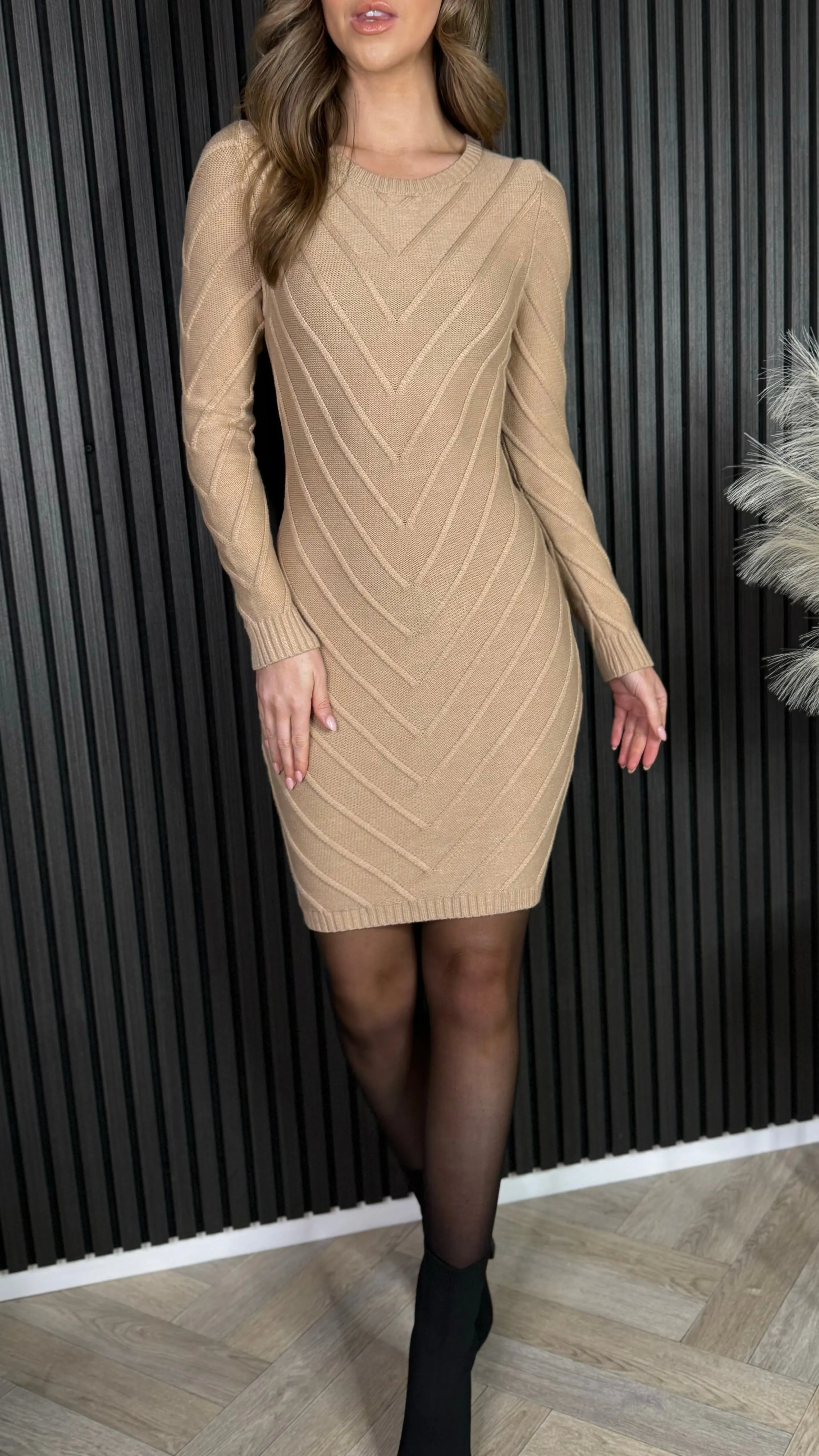 Byrne Camel Ribbed Detail Jumper Dress