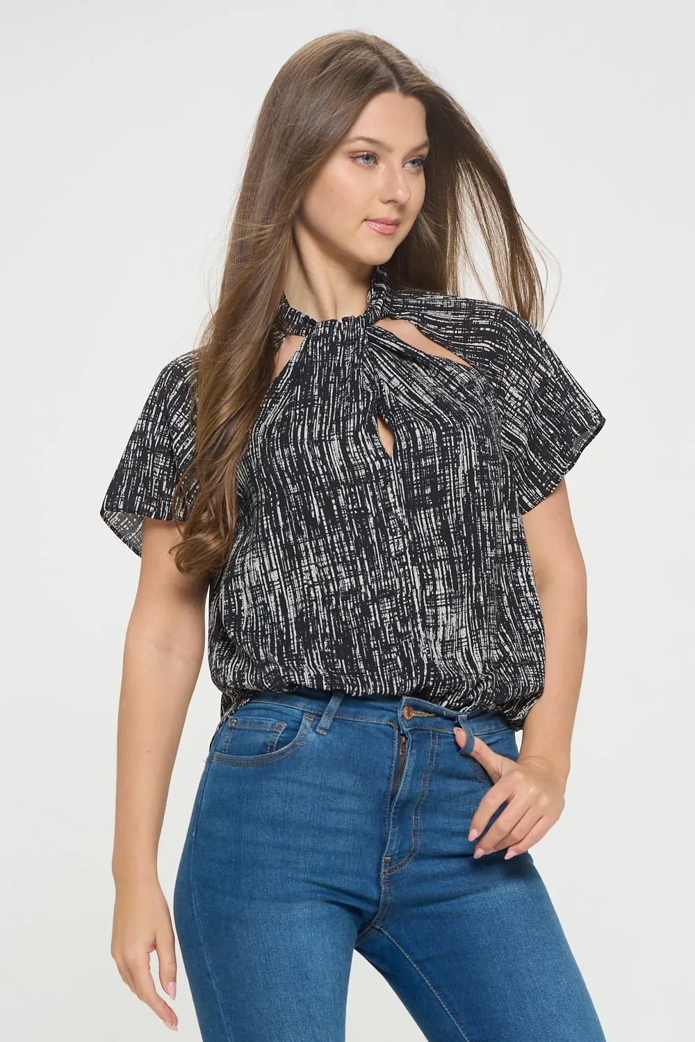 Camilla Flutter Sleeve Woven Top With Neck Cutouts