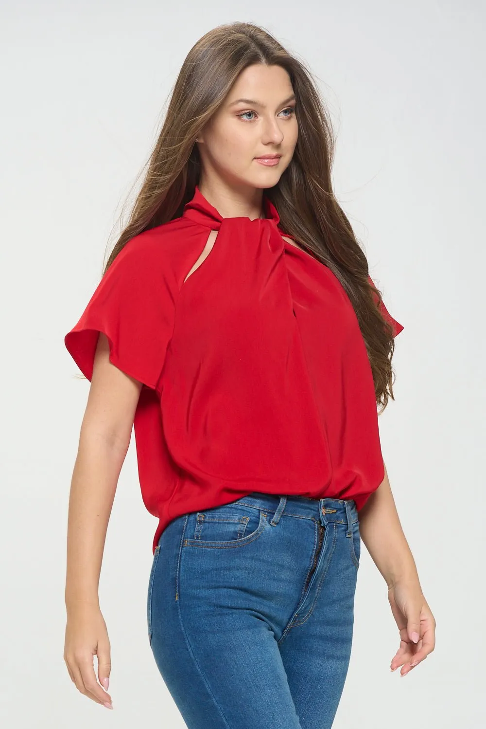 Camilla Flutter Sleeve Woven Top With Neck Cutouts