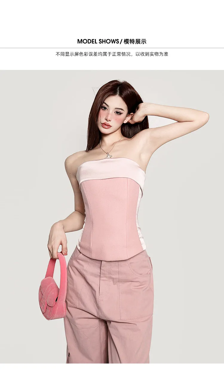 Candy Baby Pink Fishbone Sleeveless Front Pleated Slim Corset Top