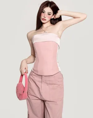 Candy Baby Pink Fishbone Sleeveless Front Pleated Slim Corset Top