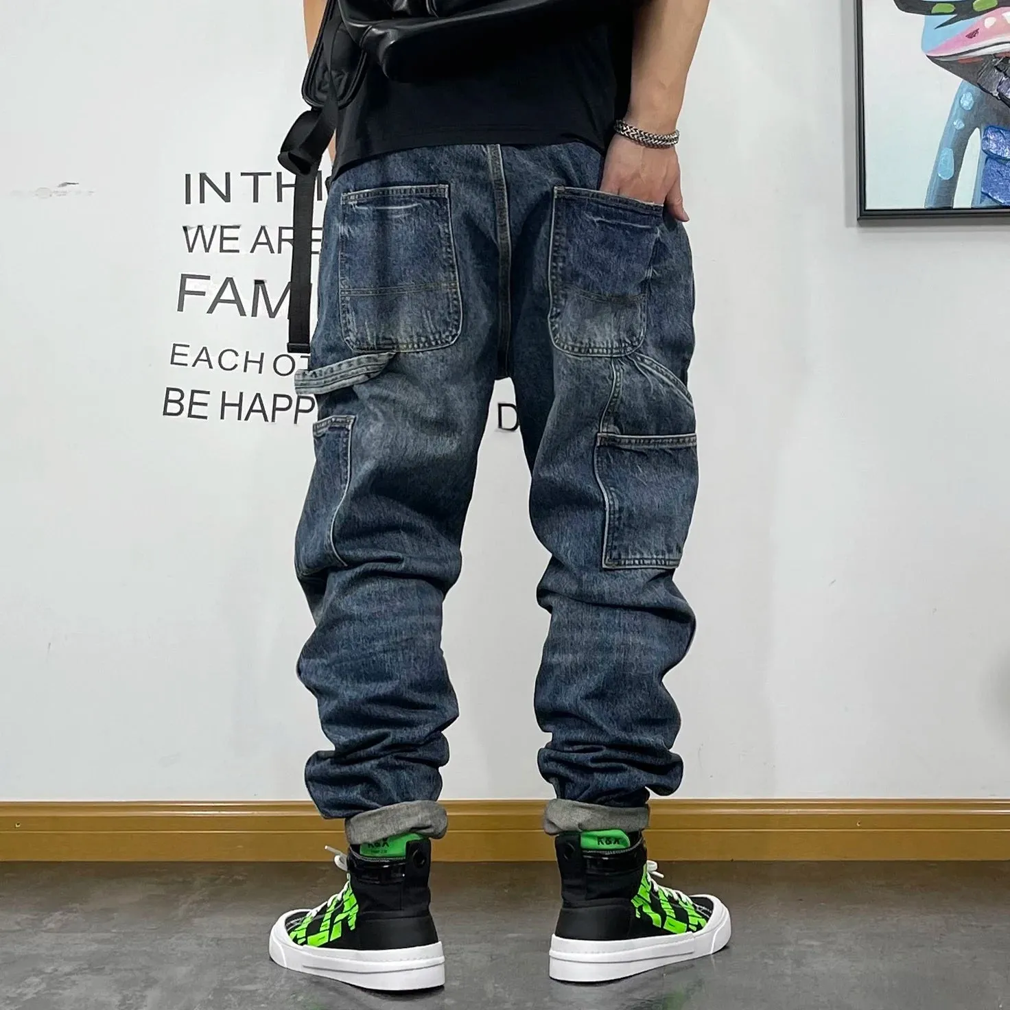 Cargo Jeans Streetwear Skateboard Harem Trousers with Japanese Denim