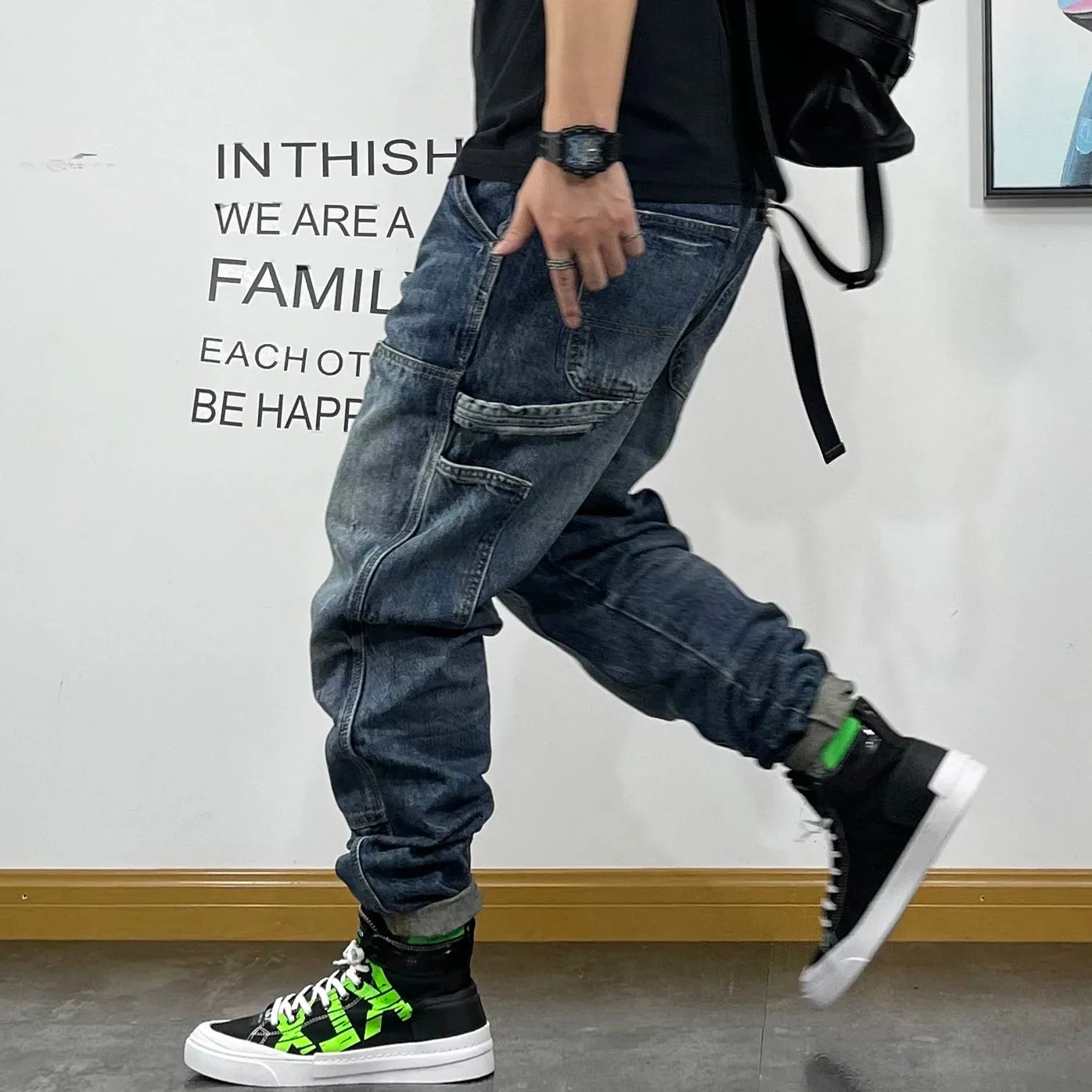 Cargo Jeans Streetwear Skateboard Harem Trousers with Japanese Denim