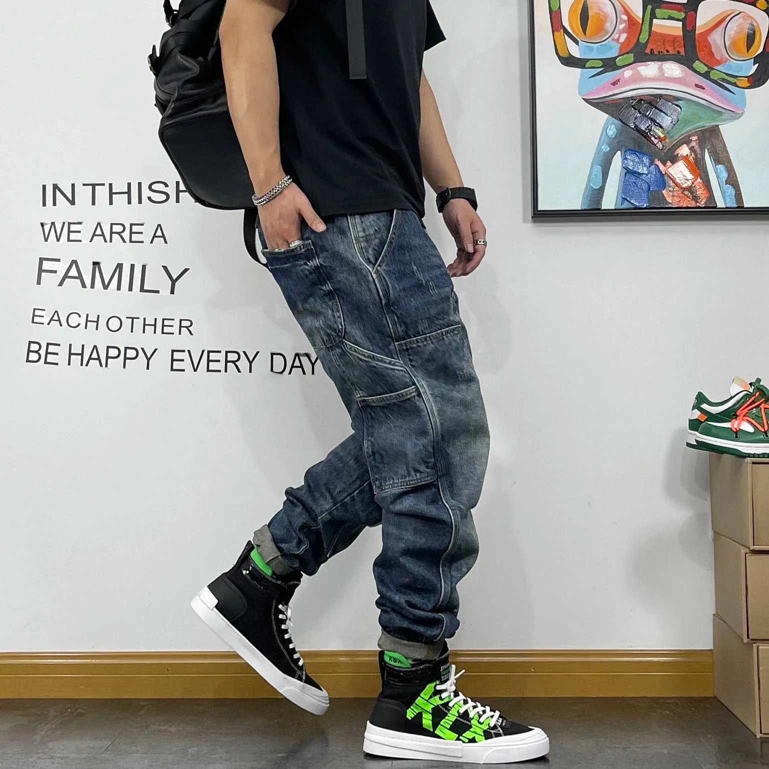 Cargo Jeans Streetwear Skateboard Harem Trousers with Japanese Denim