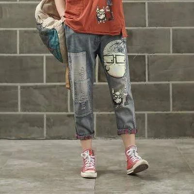 Cartoon Denim Harem Pants