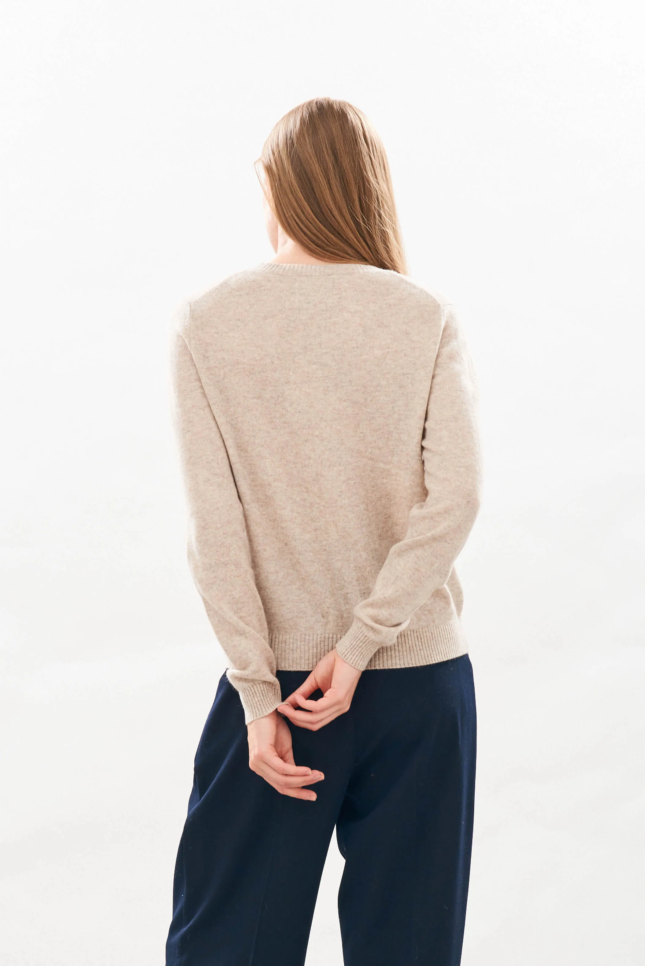 Cashmere Wool Rodeo Crew in Organic Light Brown and Navy