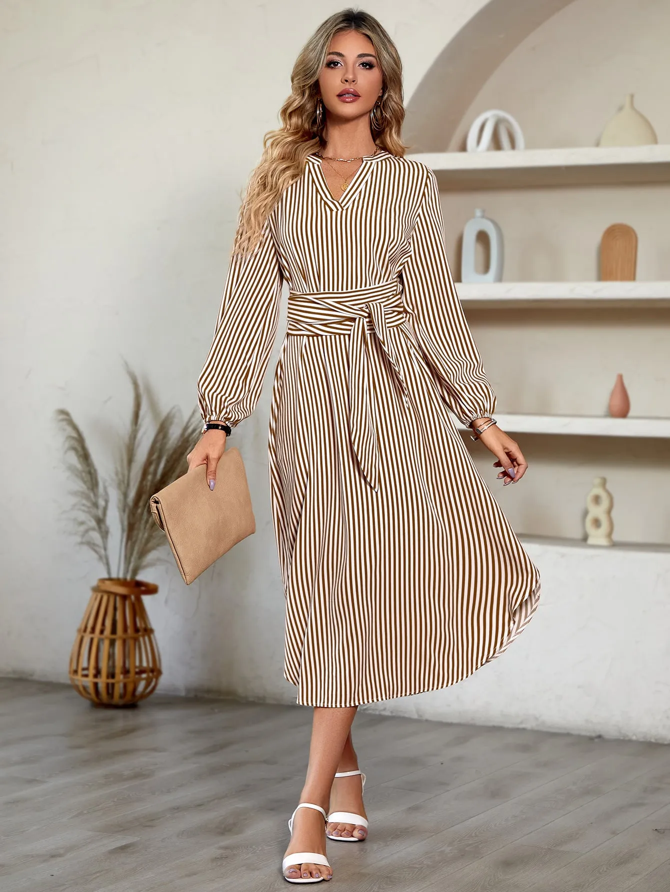 Casual V-neck Striped Tie-waist Shirt Maxi Dress