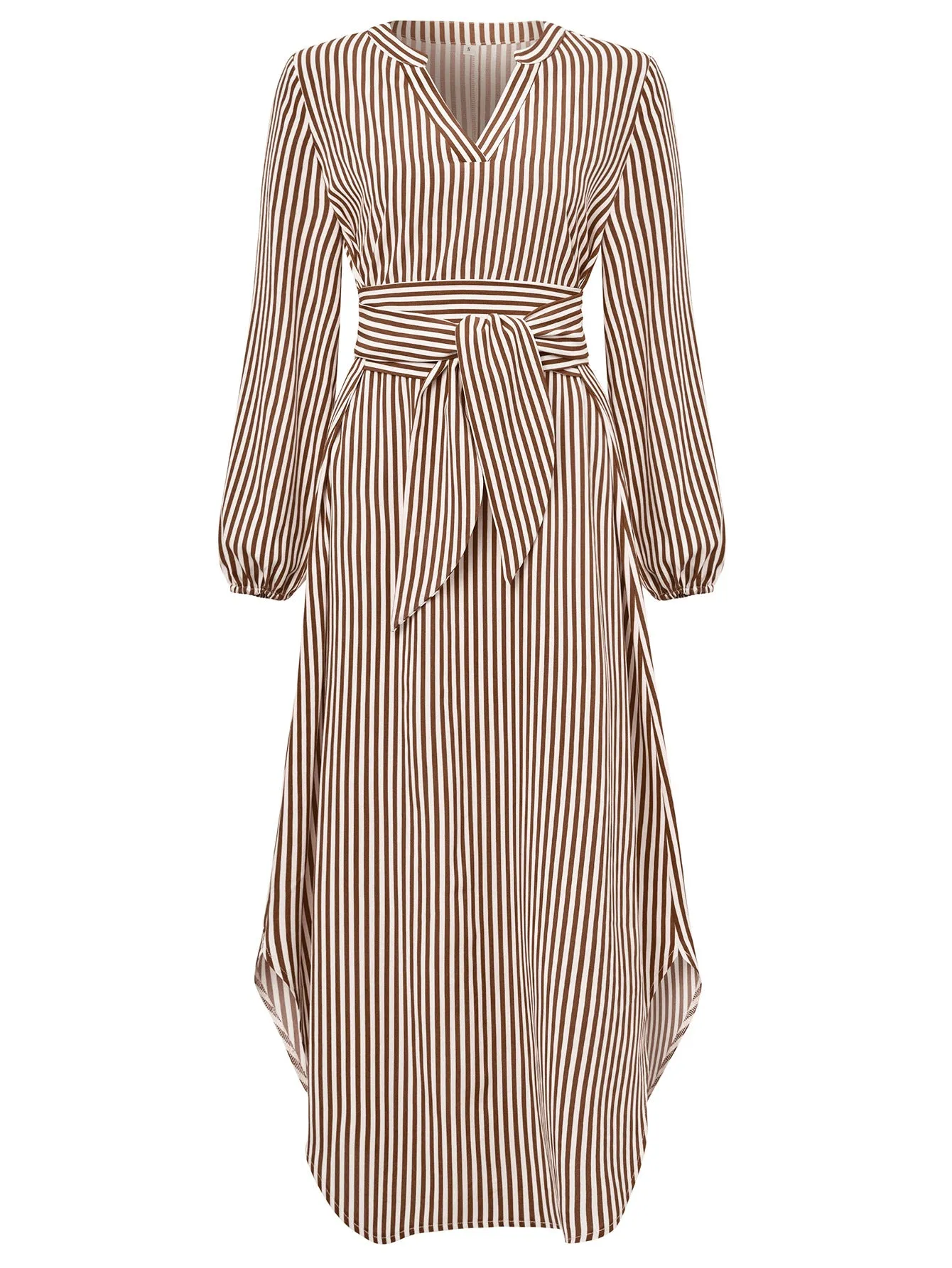 Casual V-neck Striped Tie-waist Shirt Maxi Dress