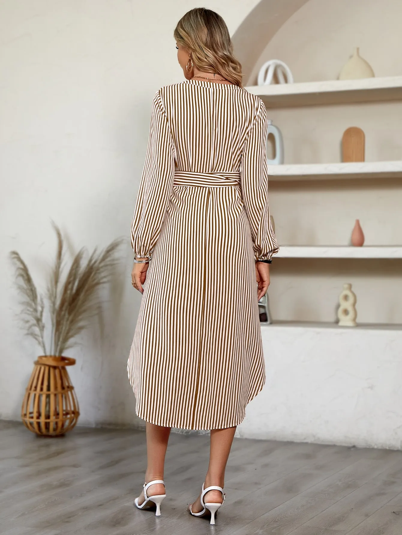 Casual V-neck Striped Tie-waist Shirt Maxi Dress