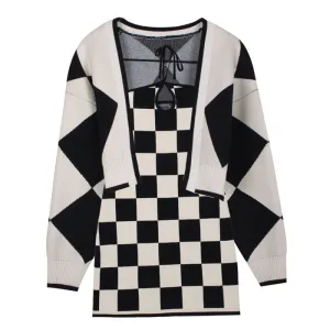 Checkered Knit Dress & Cardigan Set