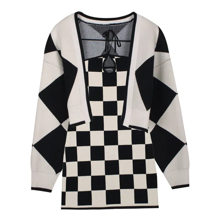 Checkered Knit Dress & Cardigan Set