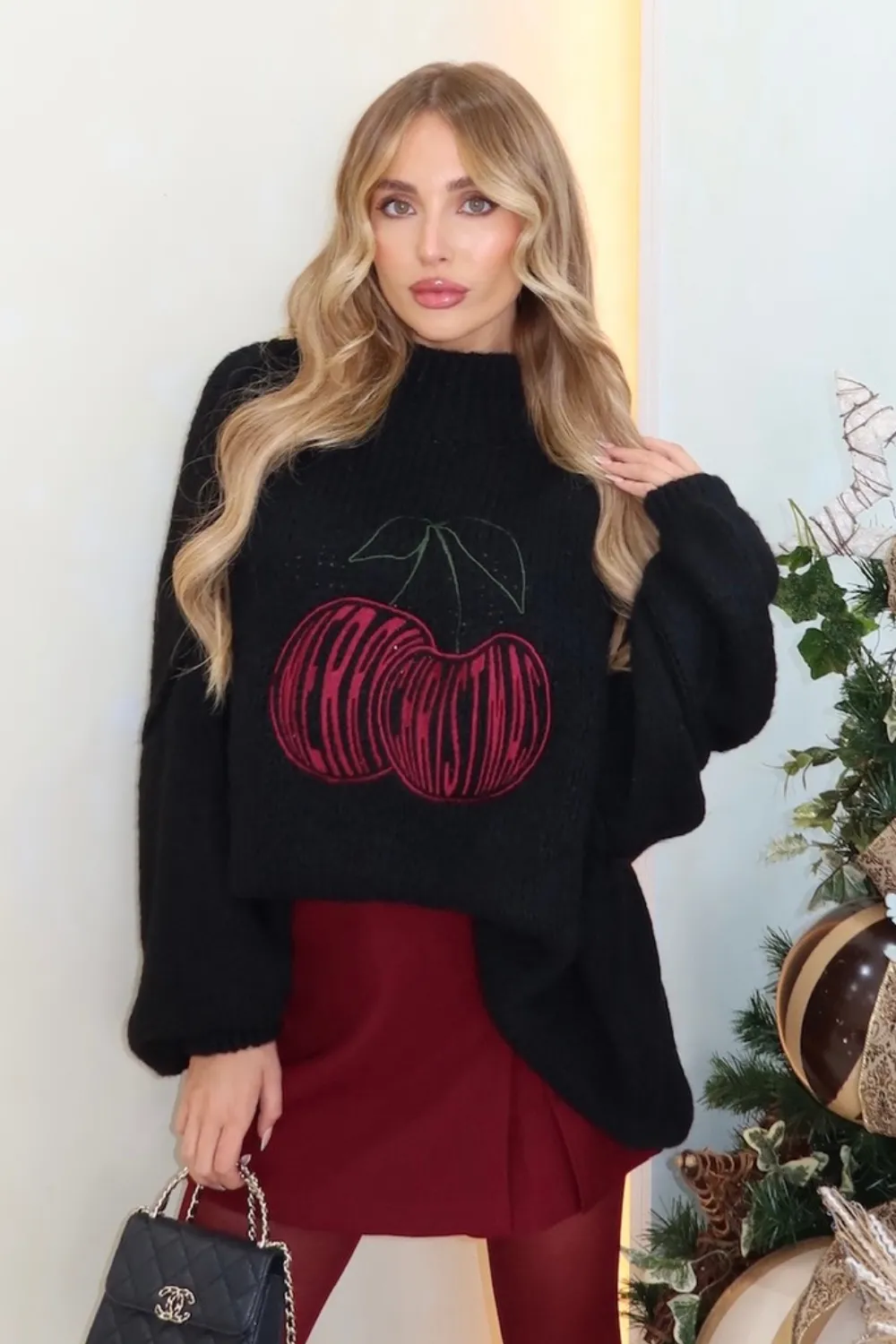 Cherry christmas black embroidered knitted jumper