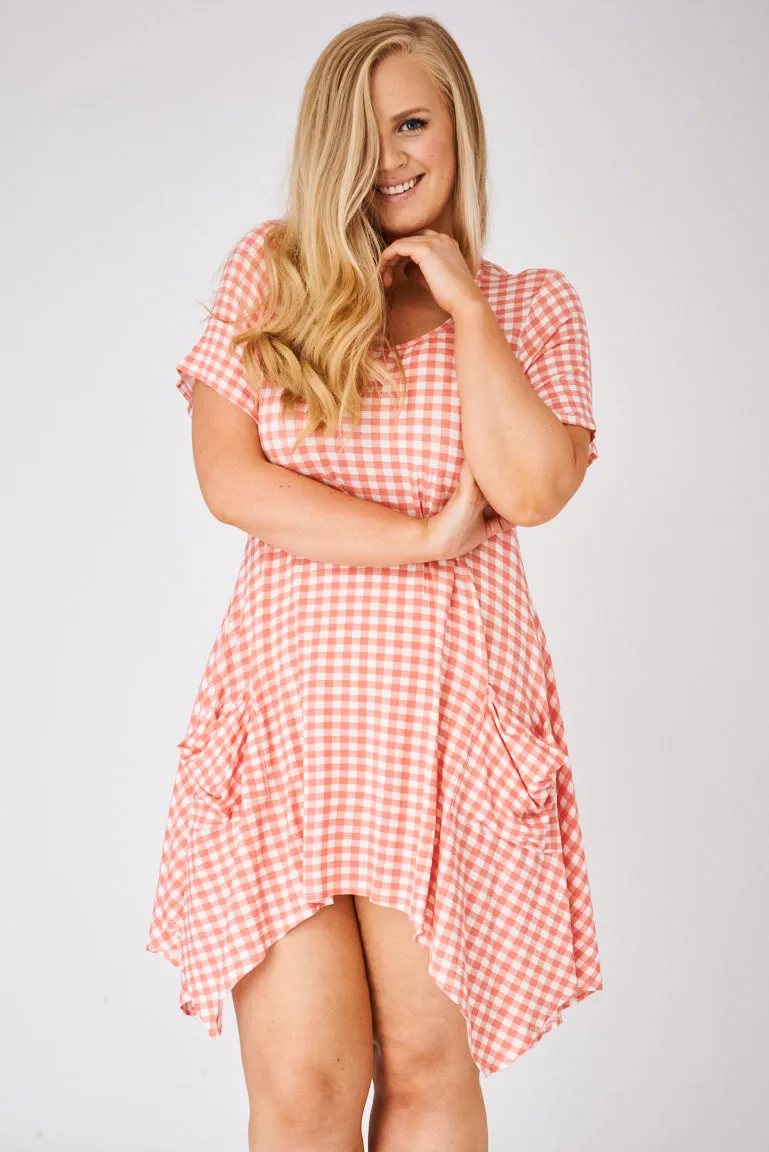 Coral Check Asymmetric Tunic Top