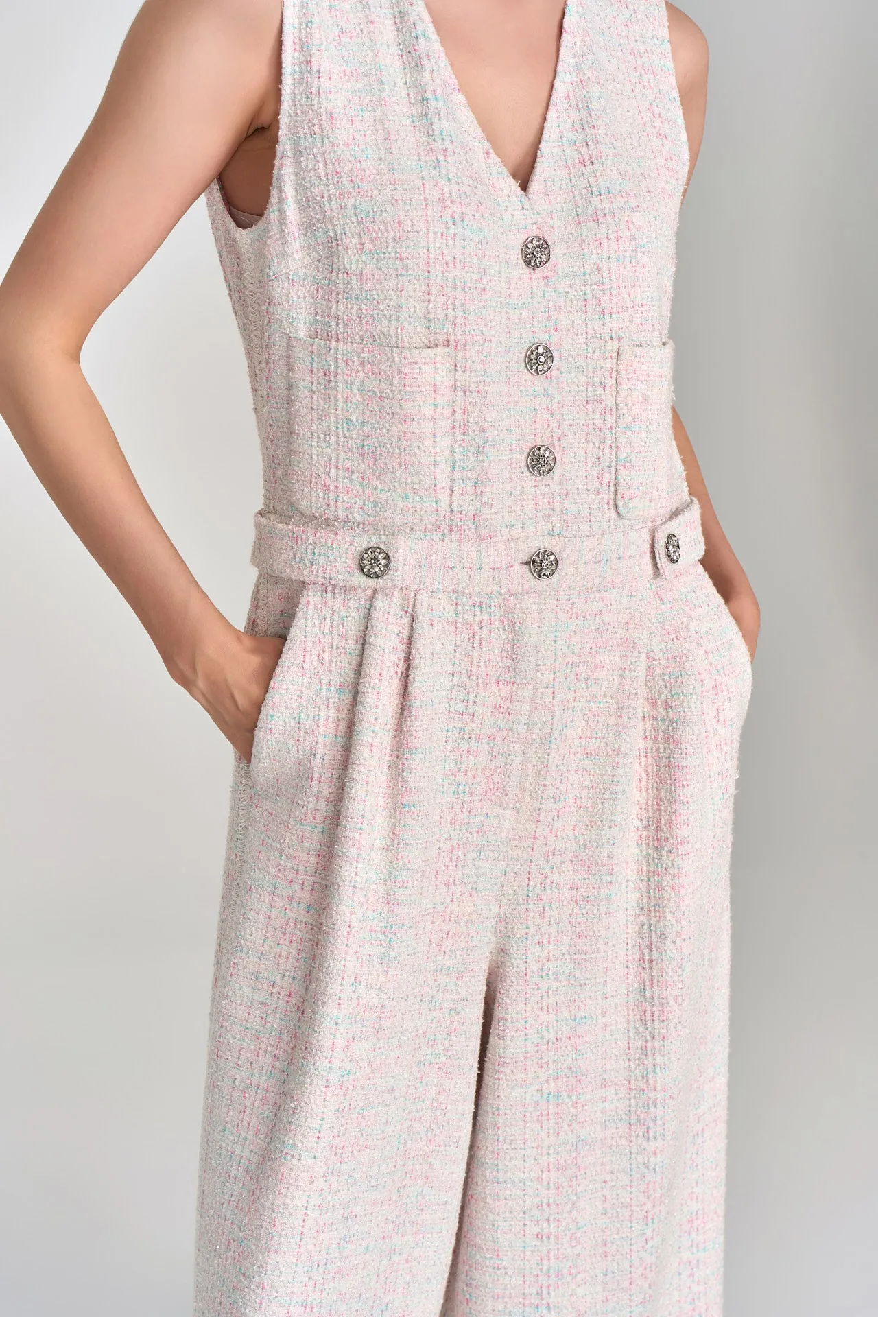 Cotton Candy V-neck Stretch Tweed Jumpsuit