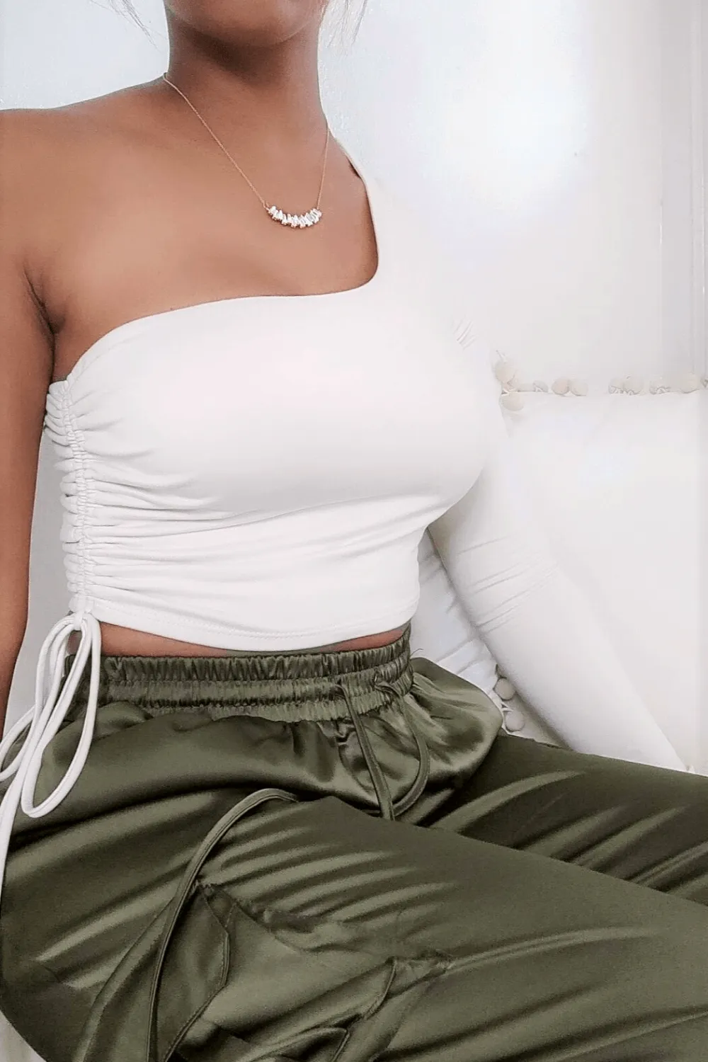 Cream Ruched One Shoulder Crop Top