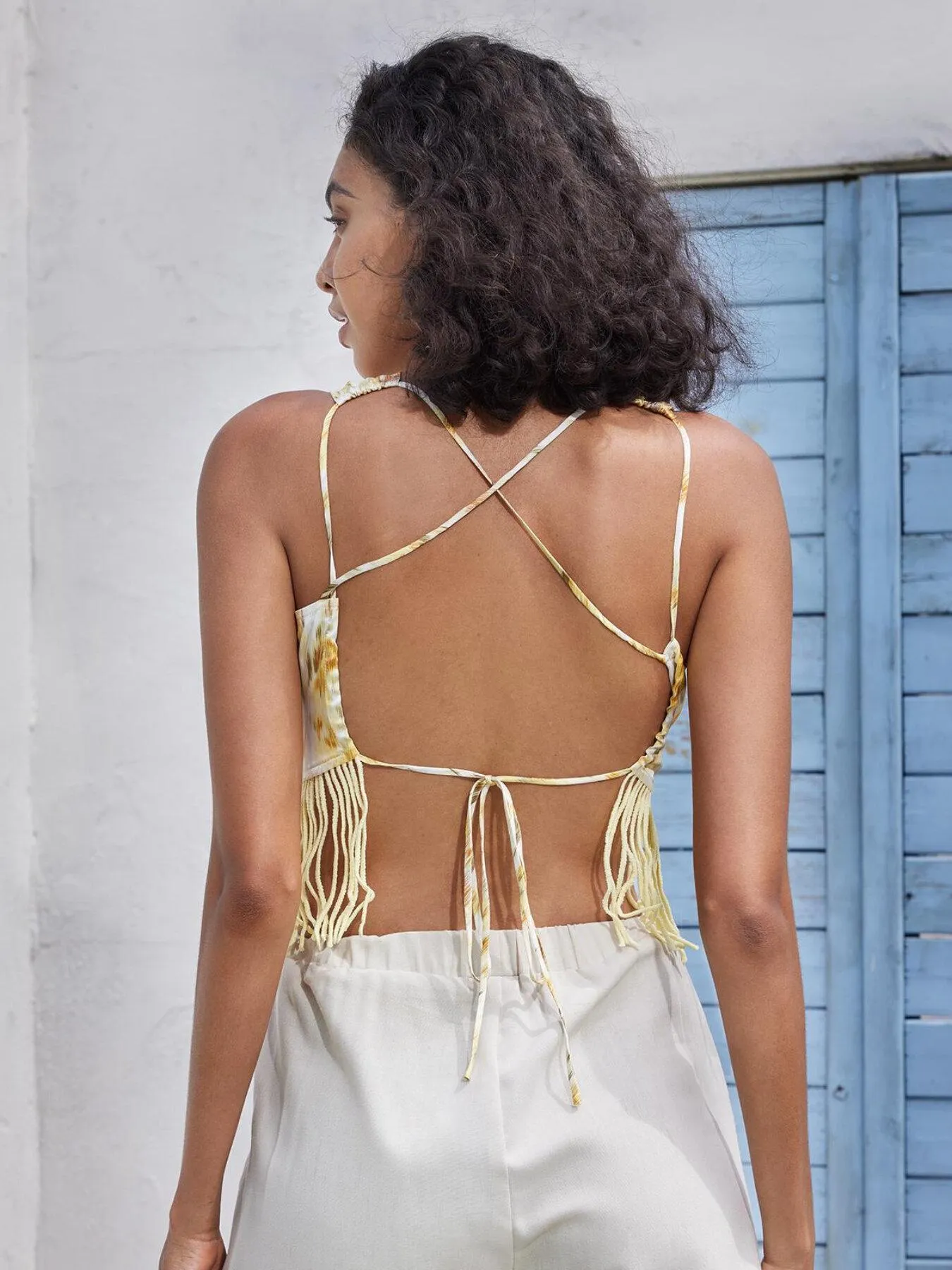 Criss Cross Tie Open Back Fringe Cami Top